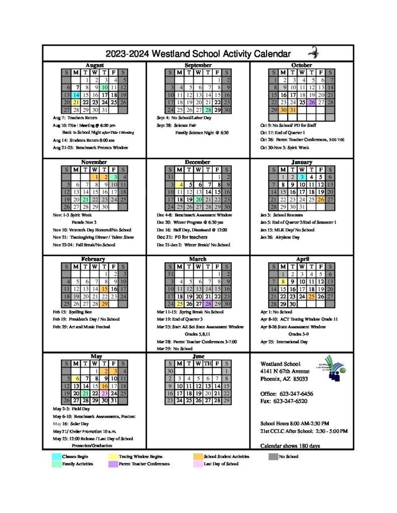 20232024 School Calendar Westland Charter School